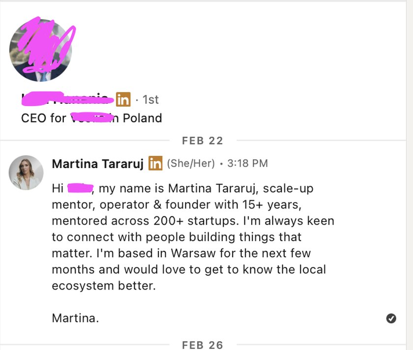 Screenshot of the original LinkedIn message sent by Martina Tararuj to a CEO